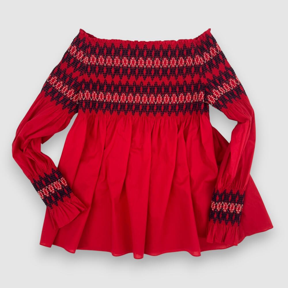 Maje Off-Shoulder Smocked Blouse Red Blue Embroidered Size Medium